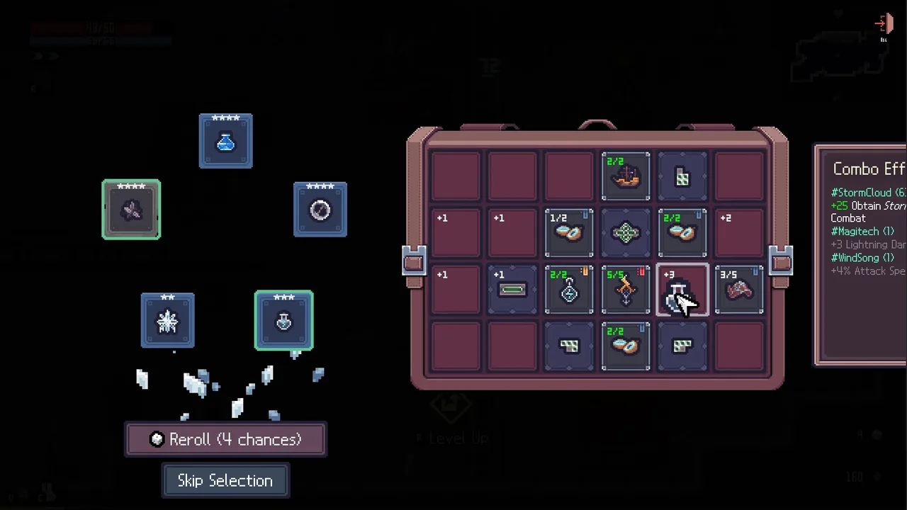 Official Sephiria screenshot showing item selection with a combo-effects panel.
